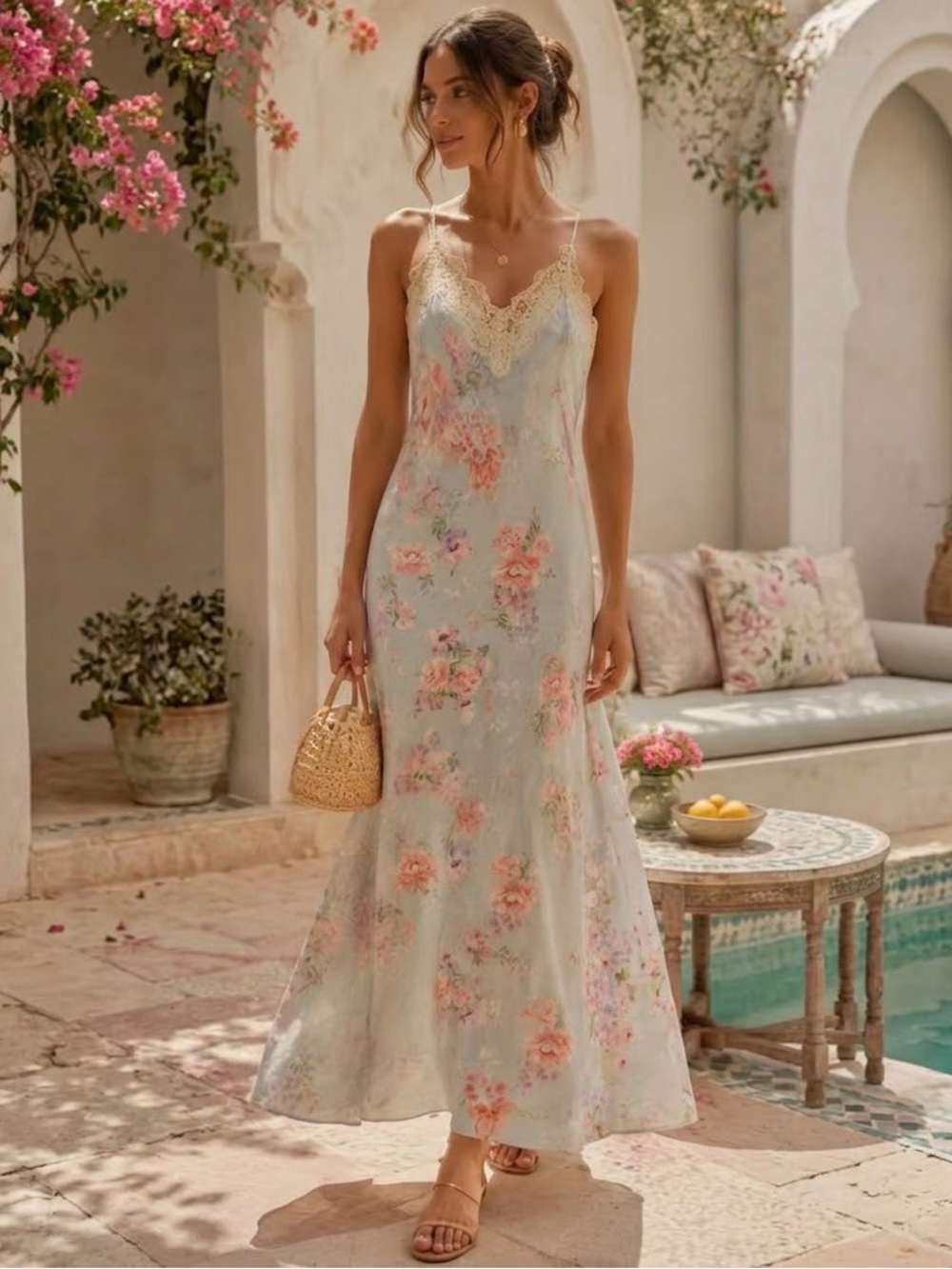 Caroline Constas Linen Light Blue Floral Lace-Trim Maxi Dress